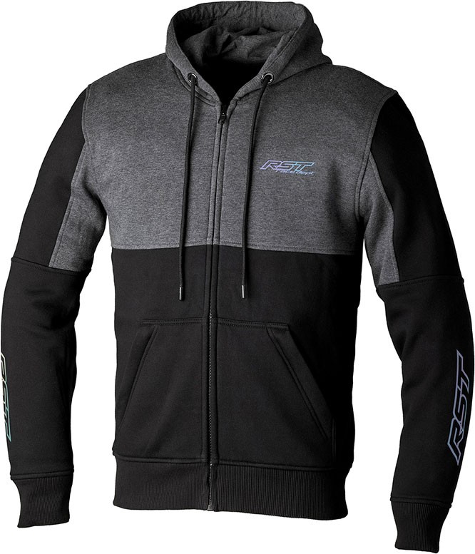 Grey and black RST Team Hoodie made from textile, featuring a zip front, hood, and logo on the chest and sleeves, available in size L.