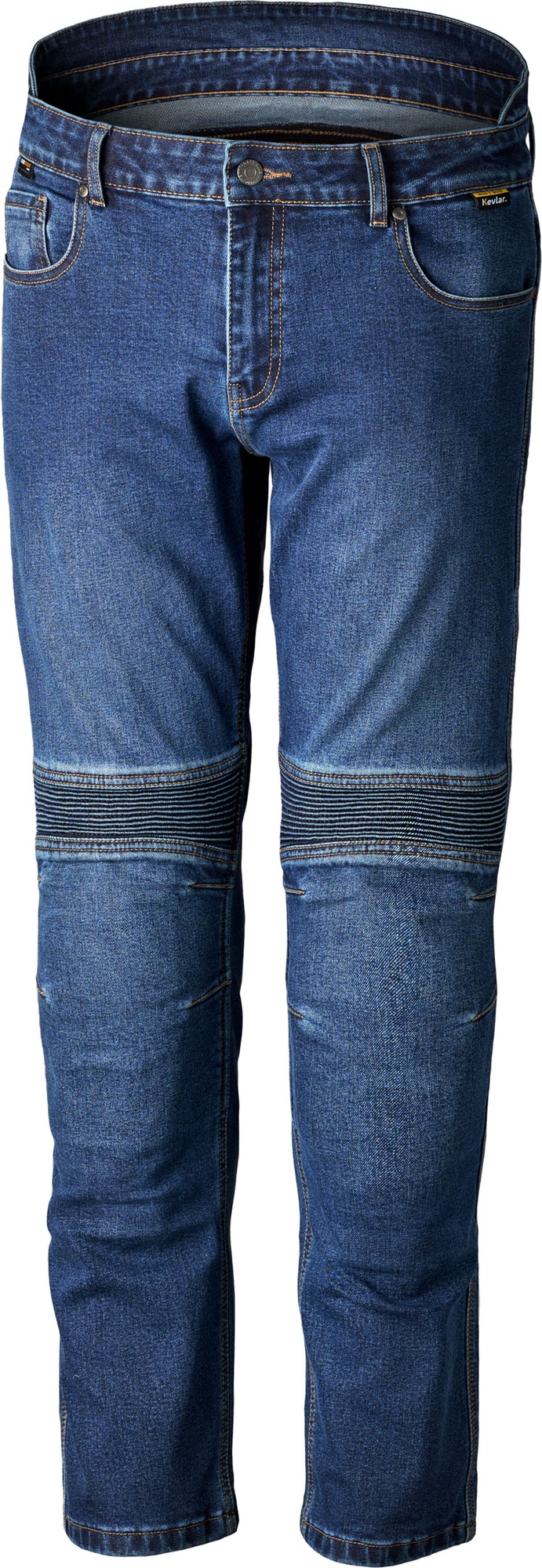 Blue denim jeans with a short 3XL size, featuring reinforced knee panels and stitching details for added durability and style.