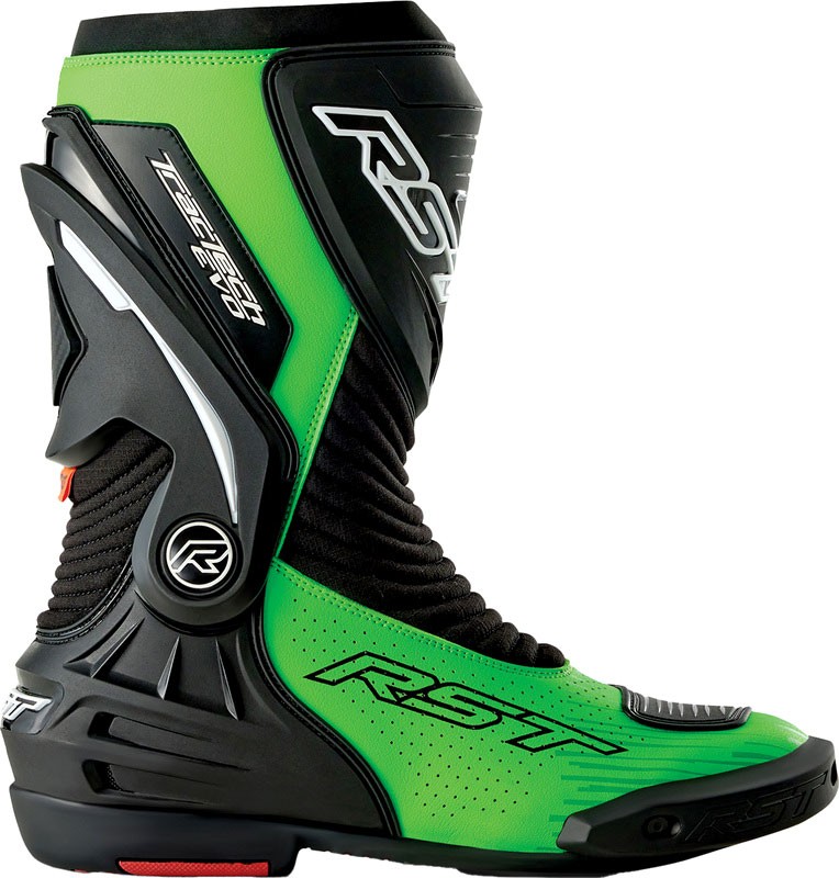 Black and neon-green perforated RST TracTech Evo D3O boots, featuring a sleek design, reinforced ankle protection, and a textured sole, size 47 EU.