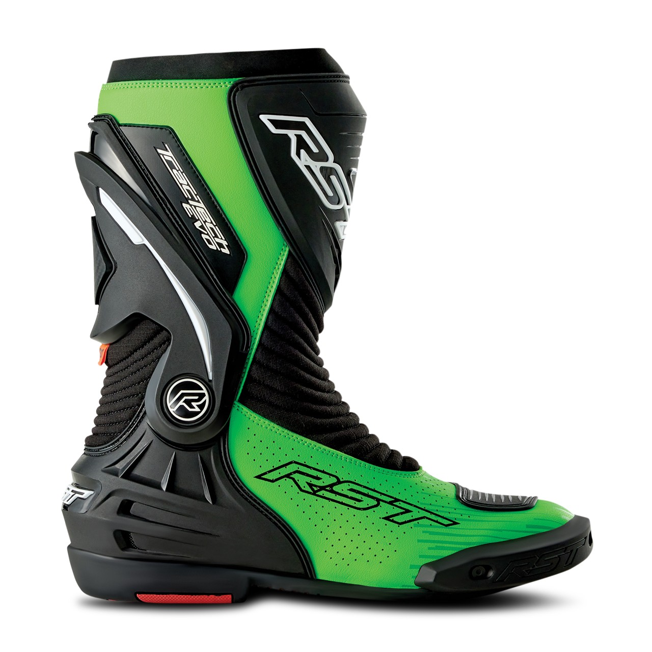 Black and neon-green perforated RST TracTech Evo D3O boots, featuring a sleek design, reinforced toe, and flexible material, size 43 EU.