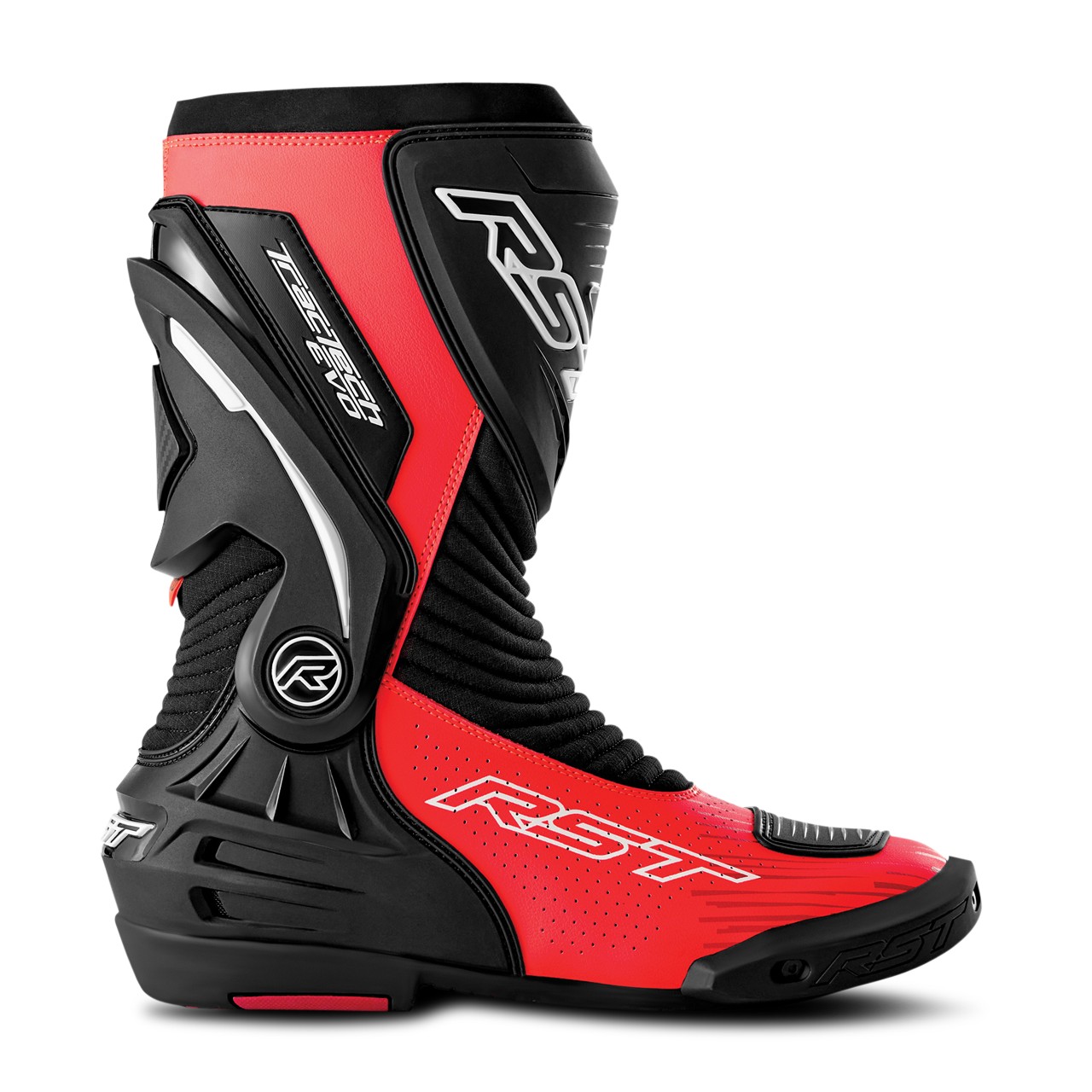 Black and neon-red perforated RST TracTech Evo D3O boots, featuring a sleek design, reinforced ankle support, and a textured sole, size 41 EU.