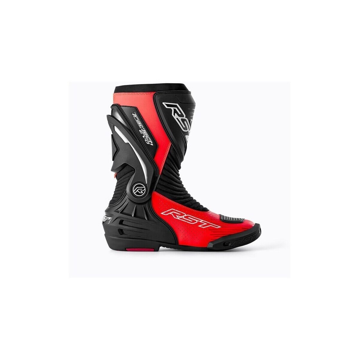 Black and neon-red perforated RST TracTech Evo D3O boots, featuring a sleek design, reinforced panels, and a size of 42 EU for optimal performance and comfort.