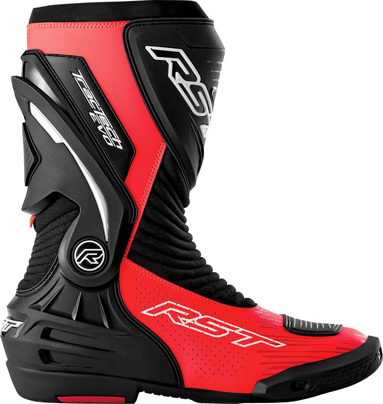 Black and neon-red perforated RST TracTech Evo D3O boots, featuring a sleek design, protective elements, and a size of 43 EU.