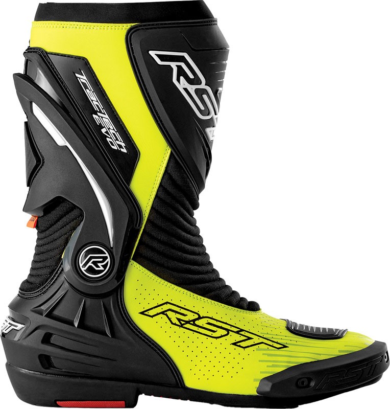 Black and neon-yellow perforated RST TracTech Evo D3O boots, featuring a sleek design, reinforced ankle support, and a textured sole for enhanced grip, size 40 EU.