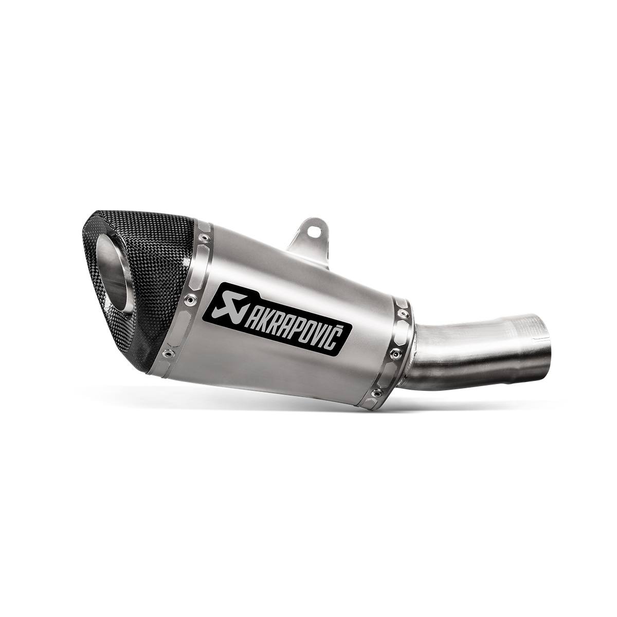 Titanium slip-on exhaust for CB 1000 R 2018- with a sleek design, featuring a mesh end cap and prominent Akrapovic branding.
