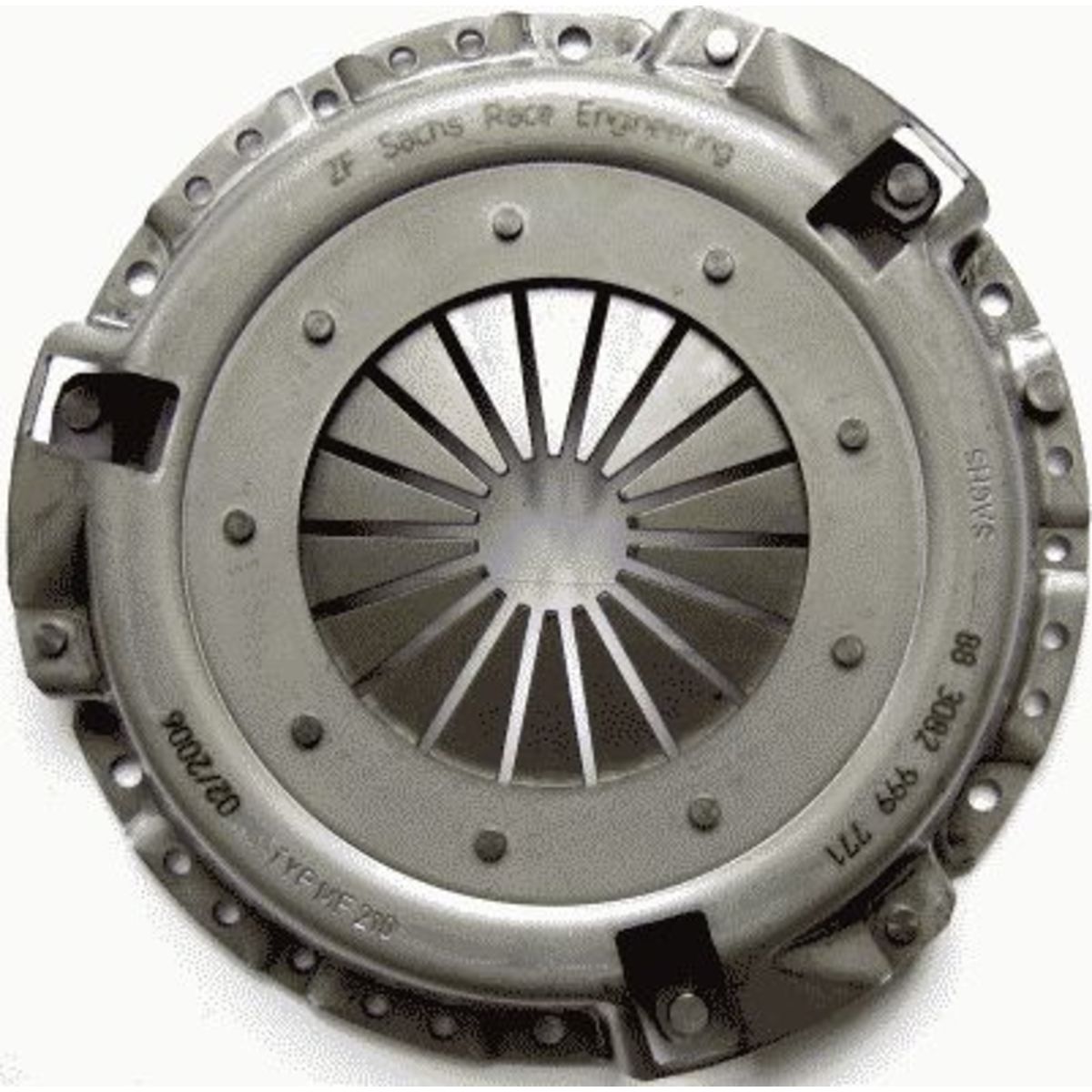 Silver metallic clutch pressure plate with a central circular design, featuring a series of radial slits and embossed branding, designed for high-performance applications.
