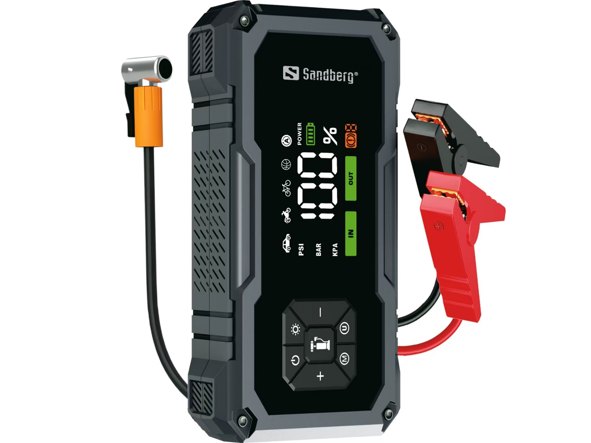 Black and gray Sandberg Car Jumpstarter Tire Pump 10000 featuring an LED display, control buttons, and red and black jumper cable clamps for vehicle battery assistance.