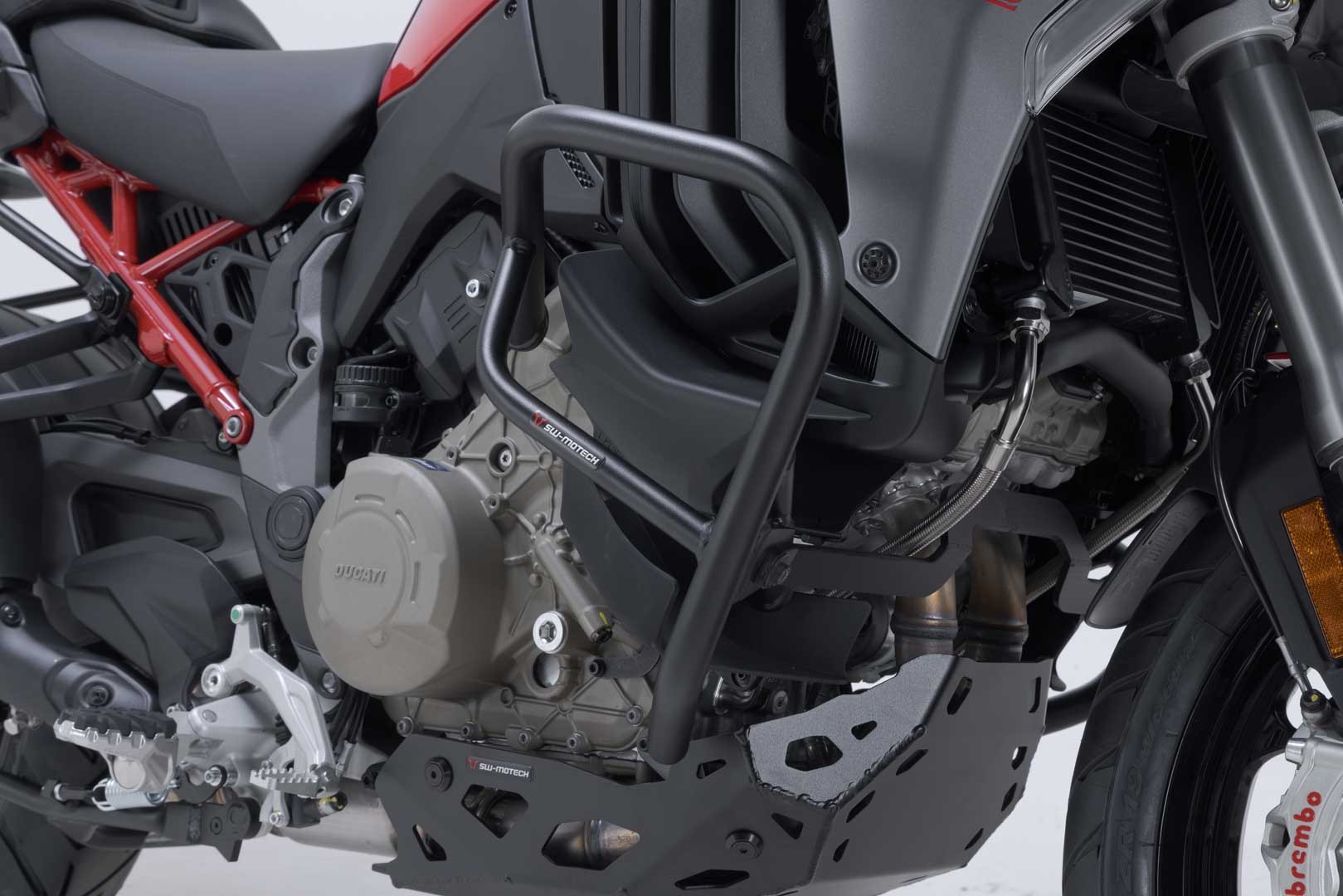 Black SW-Motech crash bar designed for Ducati Multistrada V4, featuring robust metal construction and a sleek design that enhances engine protection and aesthetics.