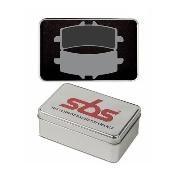SBS DS Dual Sintered Front Brake Pads for KTM RC 250, featuring a sleek design in a silver tin with a black interior, showcasing the brake pad outline on the lid.