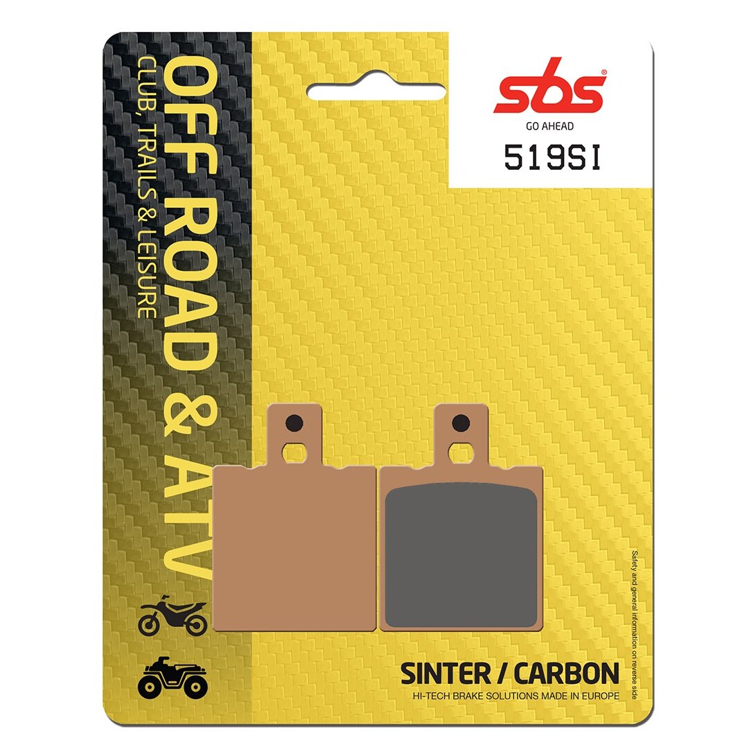 SBS 519SI sintered rear brake pads for Laverda 650 Black Strike, featuring a brown and gray color scheme, packaged on a yellow carbon fiber design card.