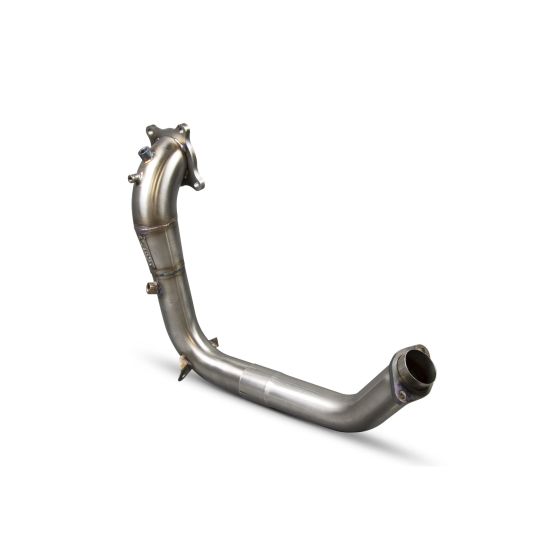 Stainless steel 2.75" downpipe with a de-cat design, featuring a smooth, curved shape and flanged end for easy installation, ideal for performance upgrades.