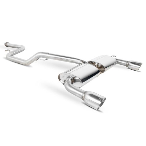 Polished stainless steel cat back exhaust system featuring dual 100mm round Daytona tailpipes, designed for a sleek, high-performance look.