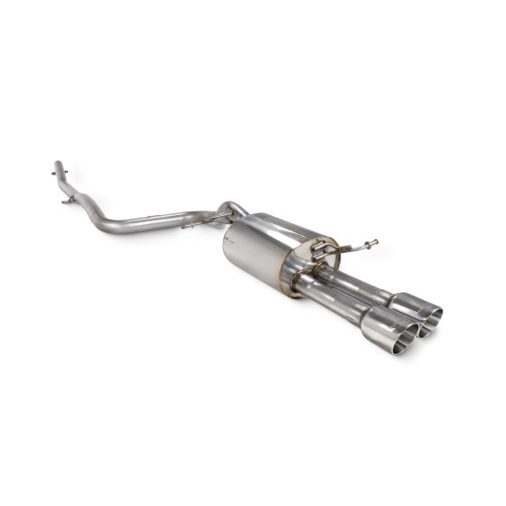 Polished stainless steel cat-back exhaust system featuring a non-resonated design, dual 83mm round Daytona tailpipes, and a sleek, curved pipe layout.