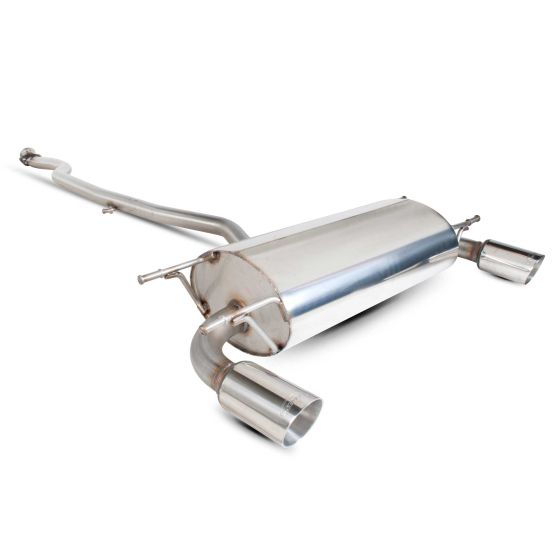 Polished stainless steel cat-back exhaust system featuring a sleek design, 2.5-inch diameter, and dual 90mm round Daytona tailpipes for enhanced performance and style.