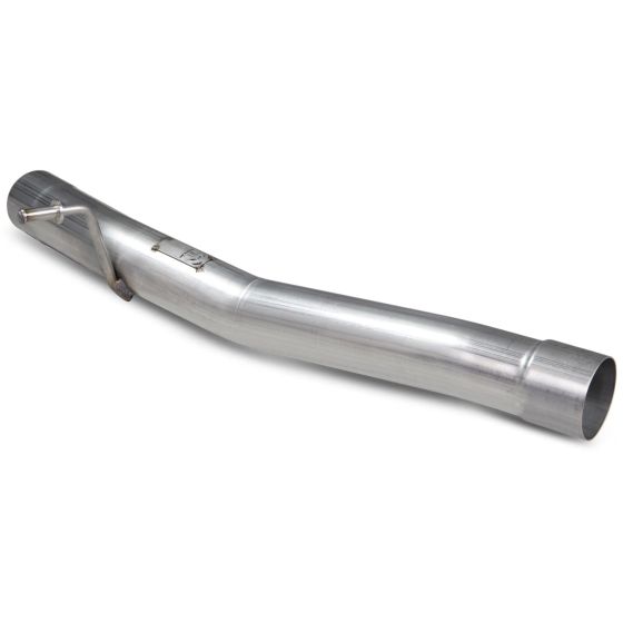 Polished stainless steel 2.5" centre silencer delete pipe by Scorpion, featuring a smooth, curved design with a single outlet and a small mounting bracket.