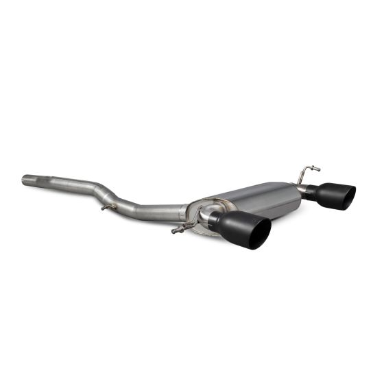 Scorpion 2.75" cat back exhaust system features a stainless steel design with two 100mm round ceramic black tailpipes for enhanced performance and style.