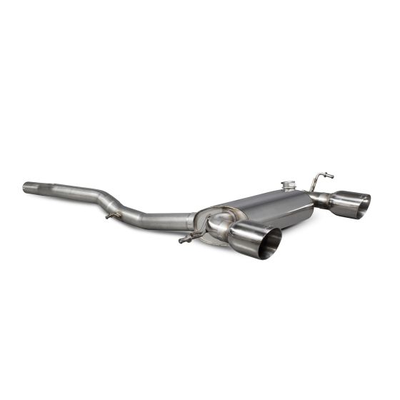 Scorpion 2.75" cat back exhaust system featuring a polished stainless steel finish and two 100mm round Daytona tailpipes for enhanced performance and sound.