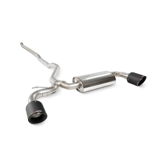Scorpion 2.75" cat-back exhaust system featuring a polished stainless steel body and two 114mm round carbon fiber tailpipes.