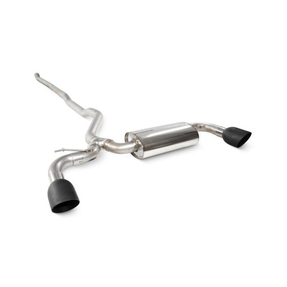 Scorpion Non-Resonated 2.75" Cat Back Exhaust System featuring a polished stainless steel body and two 114mm round ceramic black tailpipes.