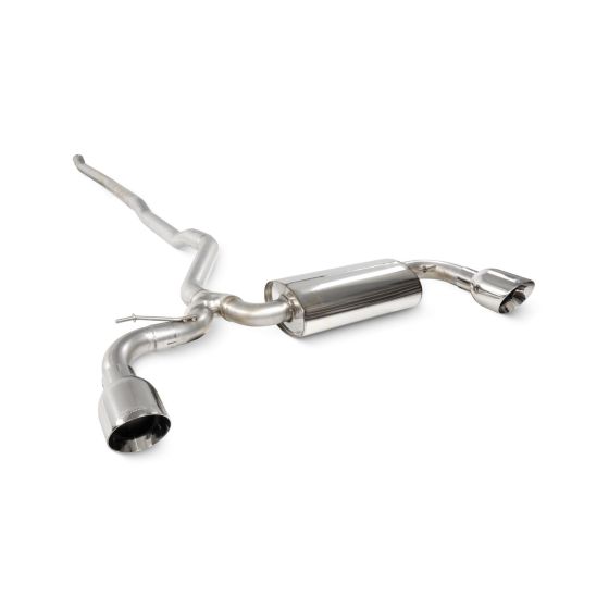 Scorpion 2.75" cat-back exhaust system featuring polished stainless steel construction, a central muffler, and dual 114mm round Daytona tailpipes.