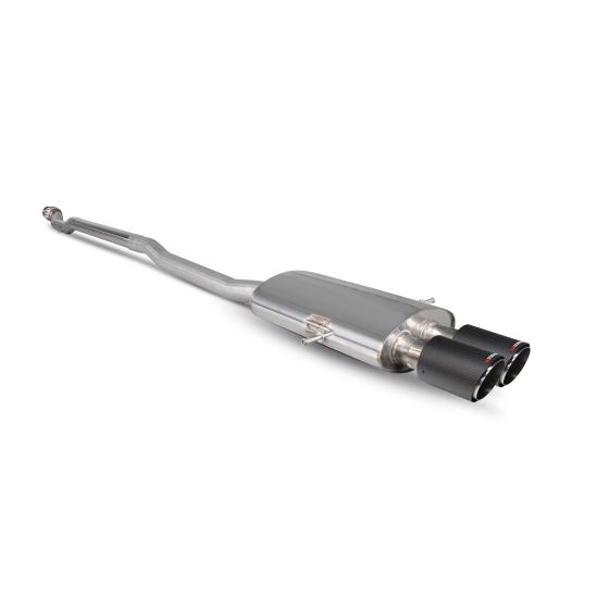 Non-resonated 2.75" cat back exhaust system featuring a polished stainless steel body and two 90mm round carbon fibre tailpipes.