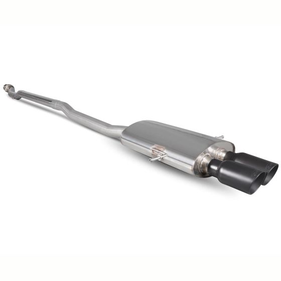 Scorpion 2.75" cat back exhaust system featuring a polished stainless steel body and two 90mm round ceramic black tailpipes for enhanced performance and style.