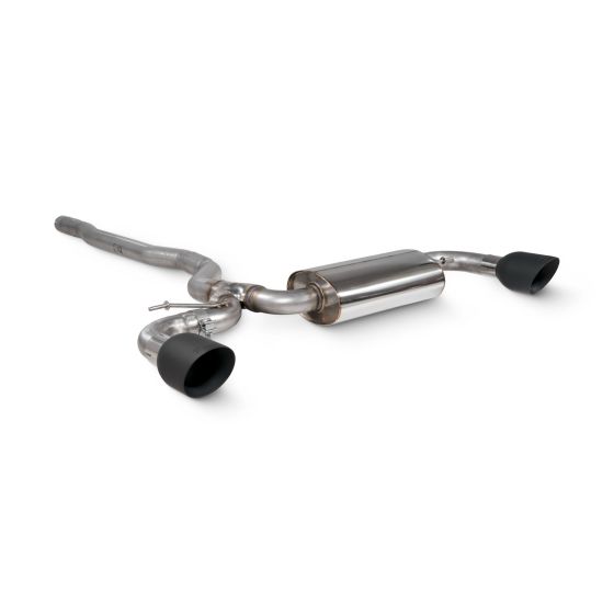 Scorpion Non-Resonated 2.75" GPF Back Exhaust System featuring a polished stainless steel body and two 114mm round ceramic black tailpipes.