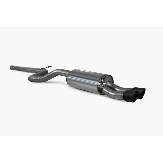 Black ceramic twin exhaust system with a polished stainless steel muffler and dual tips, designed for the Volkswagen Polo GTI 2.0 TSI, featuring a non-resonated design.