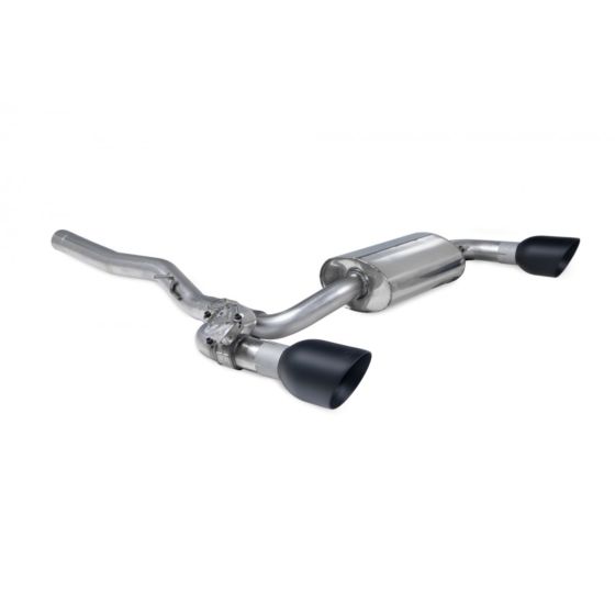 Scorpion 2.75" GPF back exhaust system features a polished stainless steel design with valved functionality and two 114mm round ceramic black tailpipes.