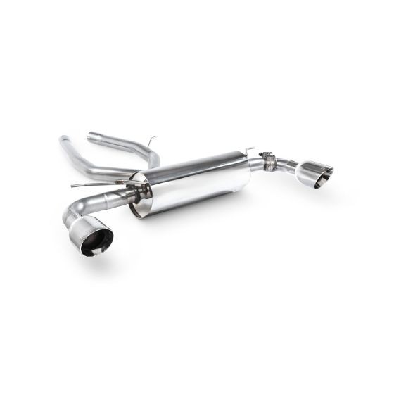 Scorpion Non-Resonated 2.75" GPF Back Exhaust System with polished stainless steel finish and 2x 115mm round Daytona tailpipes, featuring a valved design for adjustable sound.