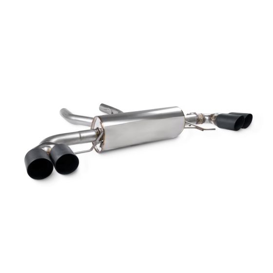 Scorpion non-resonated 2.75" GPF back exhaust system featuring a polished stainless steel body and two 90mm round ceramic black tailpipes.