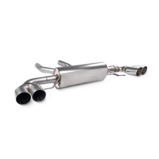 Polished stainless steel exhaust system featuring a non-resonated design, 2.75" GPF, and dual 90mm round Daytona tailpipes for enhanced performance and style.