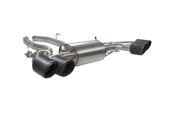 Scorpion non-resonated 2.75" GPF back exhaust system featuring a polished stainless steel body and four 114mm round carbon fiber tailpipes.
