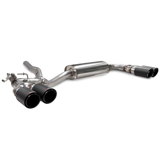 Scorpion Non-Resonated 2.75" GPF Back Exhaust System featuring a polished stainless steel body and four 3.5-inch round carbon fiber tailpipes.