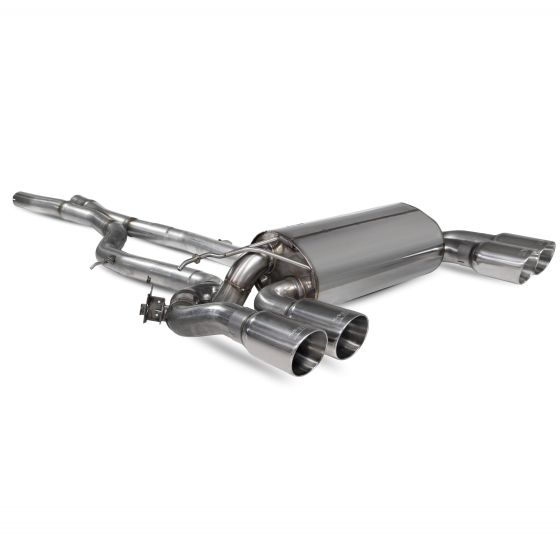 Scorpion Non-Resonated 2.75" GPF Back Exhaust System featuring a polished stainless steel body and four 90mm round carbon fibre tailpipes.