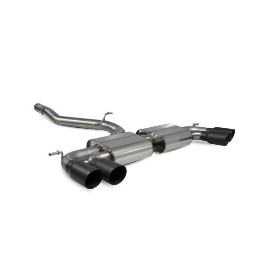 Scorpion Non-Resonated 3.15" GPF Back Exhaust System featuring polished stainless steel construction and four 114mm round Daytona ceramic black tailpipes.