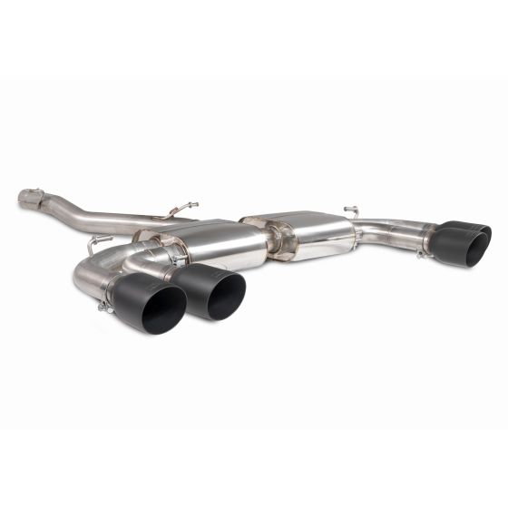 Non-resonated exhaust system featuring stainless steel construction, dual polished mufflers, and four 4-inch round ceramic black tailpipes for enhanced performance and style.