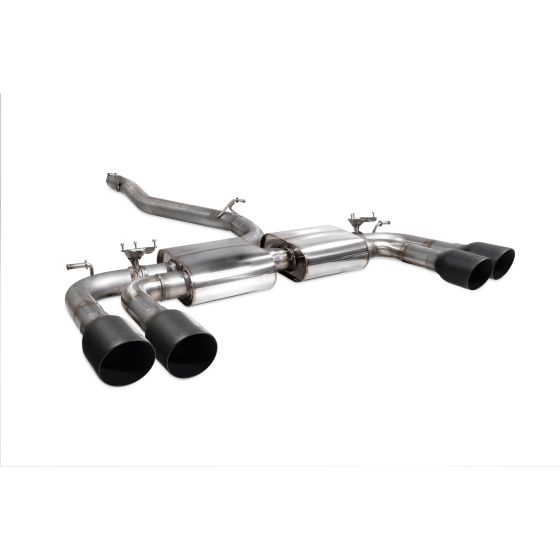 Scorpion Non-Resonated 3.15" GPF Back Exhaust System features stainless steel construction with valved design and four 100mm round ceramic black tailpipes.