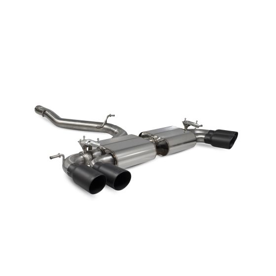 Scorpion Non-Resonated 3.15" GPF Back Exhaust System featuring stainless steel construction, valved design, and four 114mm round Daytona ceramic black tailpipes.
