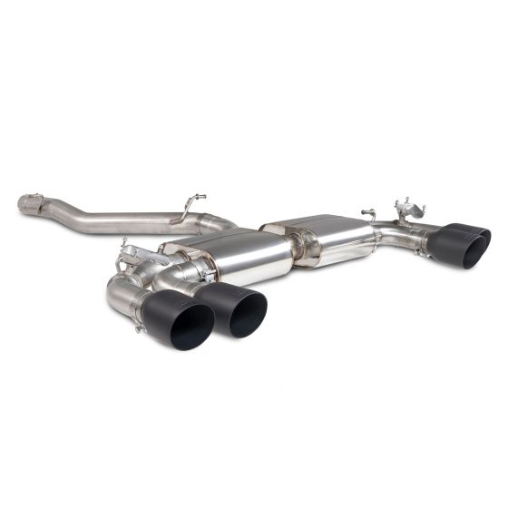 Scorpion Non-Resonated 3.15" GPF Back Exhaust System features stainless steel construction, valved design, and four 4-inch round Daytona ceramic black tailpipes.