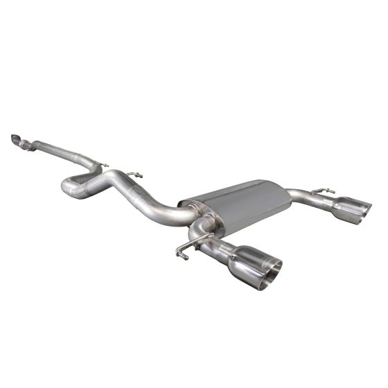 Scorpion Non-Resonated 3" Cat Back Exhaust System features a polished stainless steel finish with dual 76mm round Daytona tailpipes and a sleek, curved design.