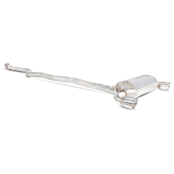 Scorpion Non-Resonated 3" Cat Back Exhaust System features a polished stainless steel finish with two 90mm round Daytona tailpipes and a sleek, curved design.