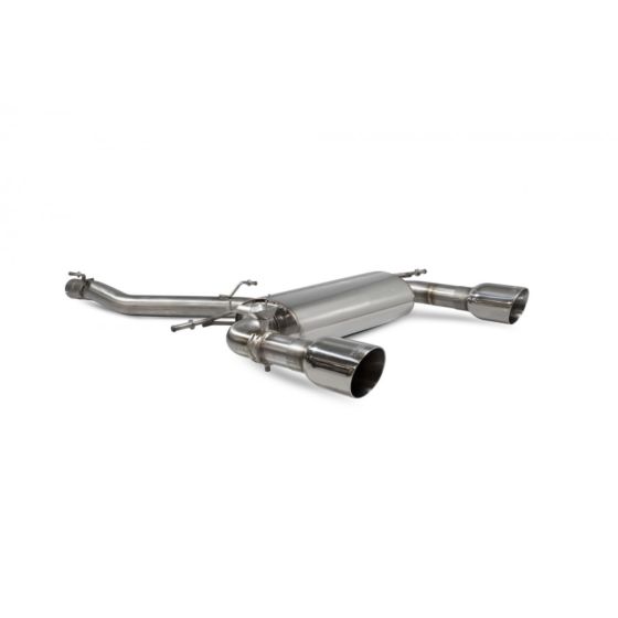 Scorpion non-resonated 3" cat back exhaust system featuring polished stainless steel construction and dual 100mm round Daytona tailpipes.