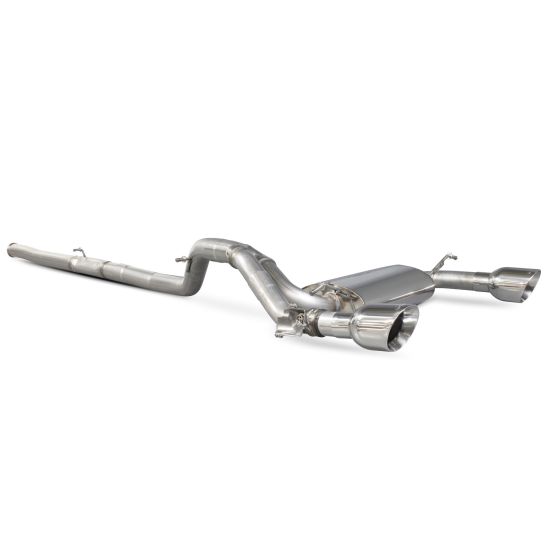 Scorpion non-resonated 3" cat back exhaust system featuring polished 115mm round Daytona tailpipes, made of stainless steel with a sleek, shiny finish.
