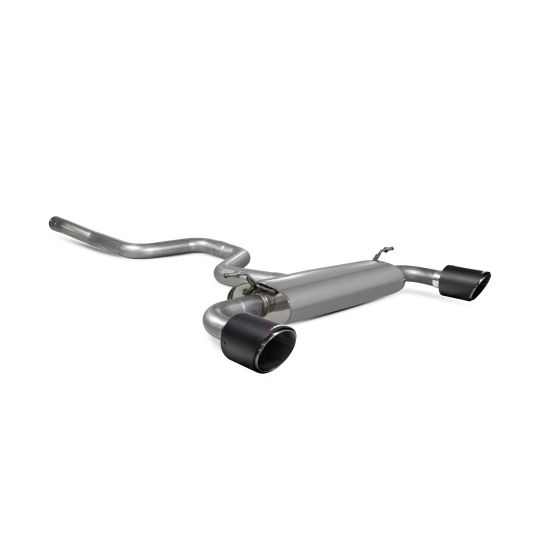 Non-resonated 3" GPF back exhaust system featuring a polished stainless steel body and two 114mm round carbon fibre tailpipes.