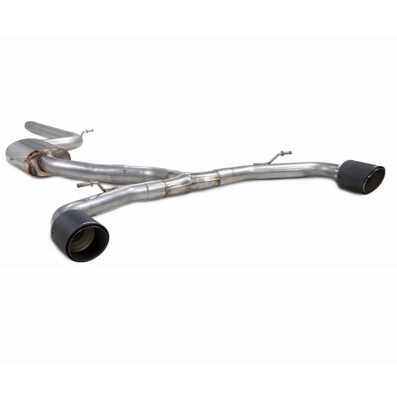 Scorpion Non-Resonated 3" GPF Back Exhaust System featuring dual 4.5-inch round Ascari carbon fiber tailpipes, with a polished stainless steel body and a sleek, curved design.