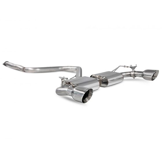 Scorpion Non-Resonated 3" GPF Back Exhaust System featuring two polished 115mm round Daytona tailpipes, crafted from stainless steel with a sleek, shiny finish.