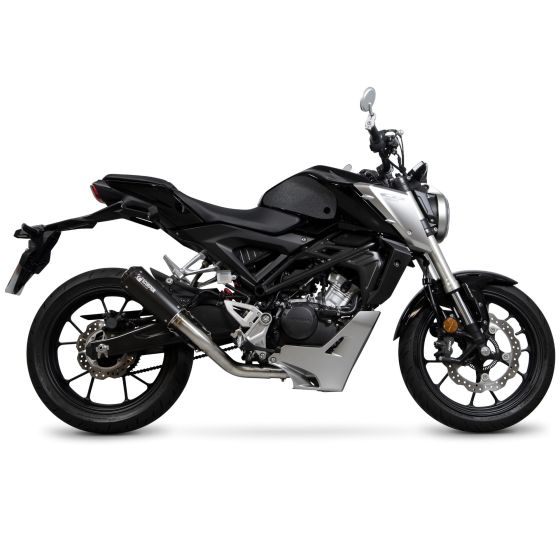Scorpion Red Power Full Exhaust System features a sleek black ceramic sleeve, stainless steel components, and a polished finish, designed for enhanced performance on motorcycles.