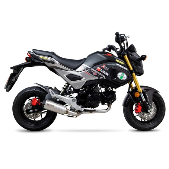 Scorpion Red Power Full Exhaust System features a brushed stainless steel sleeve, enhancing a sleek black motorcycle with gold accents and red brake calipers.