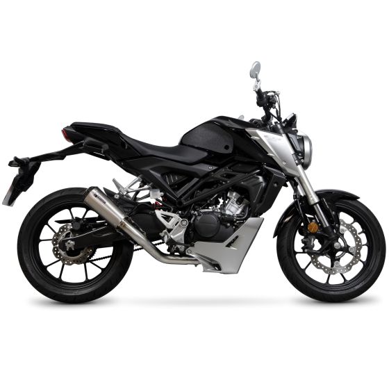 Satin titanium exhaust system with a sleek design, featuring a polished finish and a compact silhouette, mounted on a black motorcycle with a sporty frame and alloy wheels.